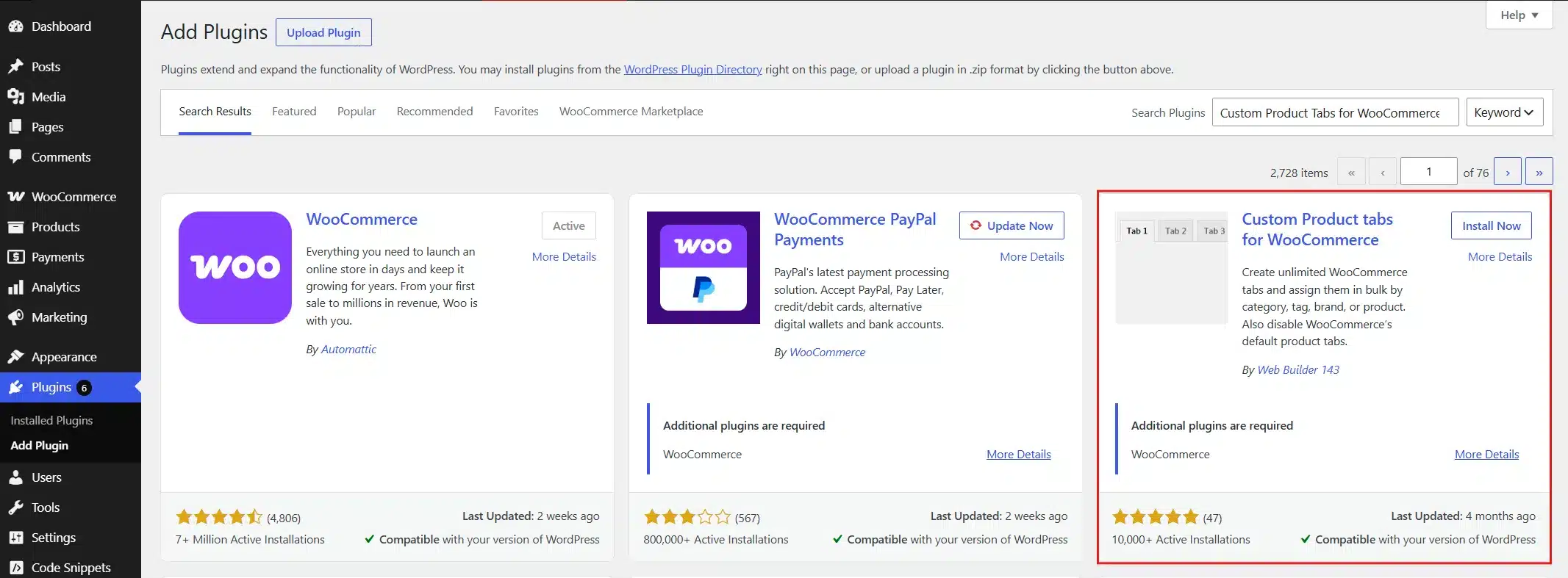 Search for Custom Product Tabs for WooCommerce, then click Install Now and Activate.