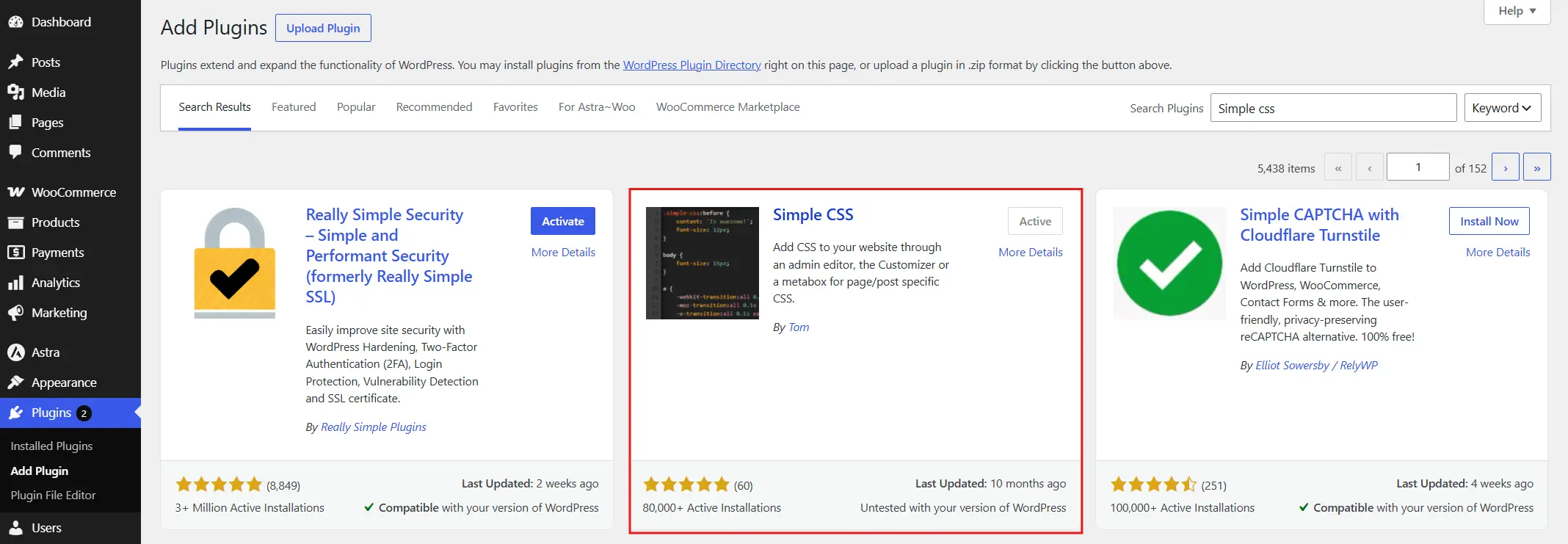 Click Install Now, then Activate any CSS plugin (eg., WPCode and Simple CSS)