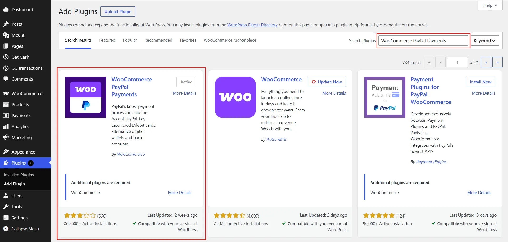 Search for WooCommerce PayPal Payments. Click Install Now, then Activate.