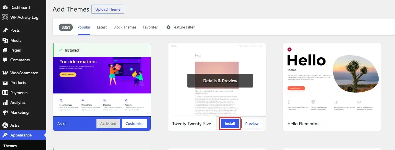 Hover over a theme and click Install.