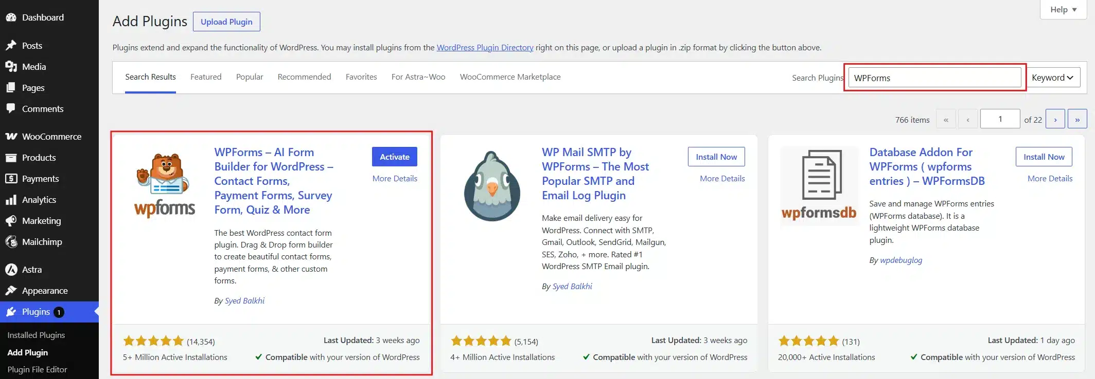 Install and activate the "WPForms – AI Form Builder for WordPress" plugin.