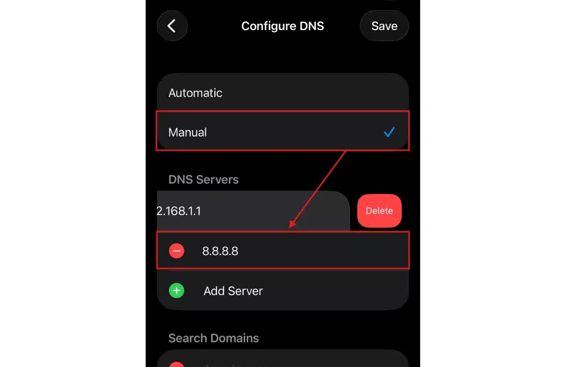 Tap the "i" next to your network to select Configure DNS.