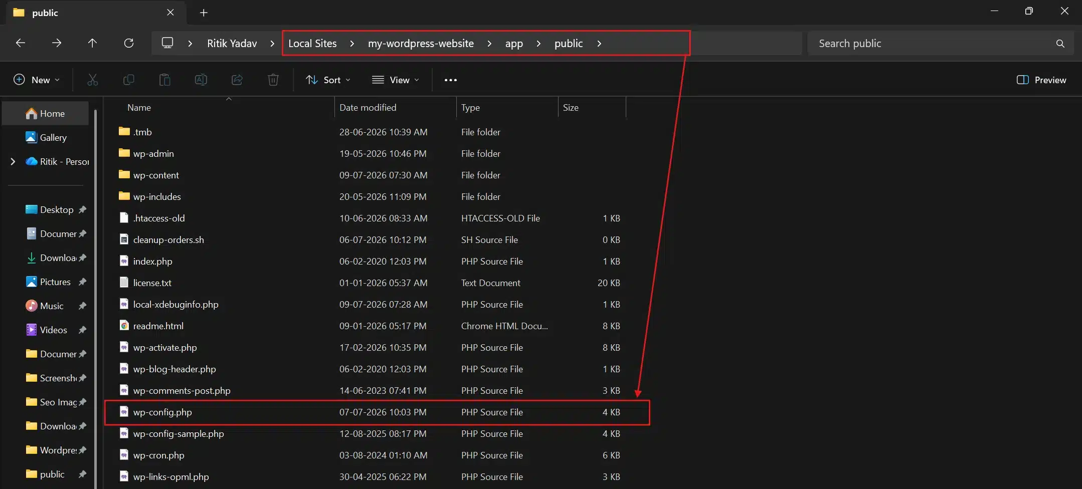 Return to app>public inside the site folder directory and navigate to .wp-config.php.