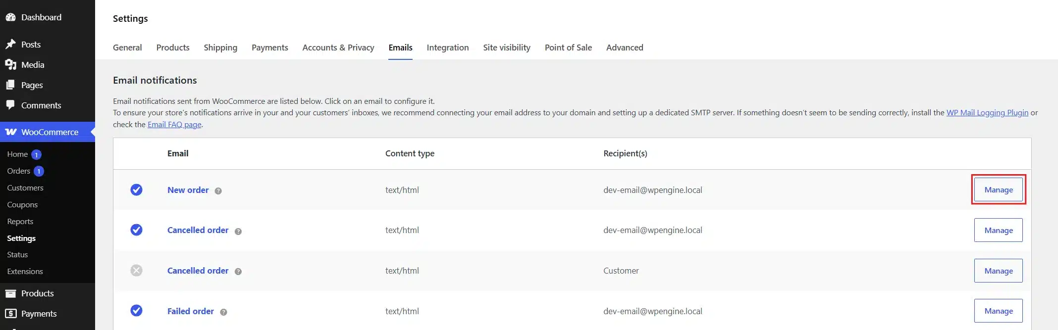 Click Manage next to any email that carries promotional content.