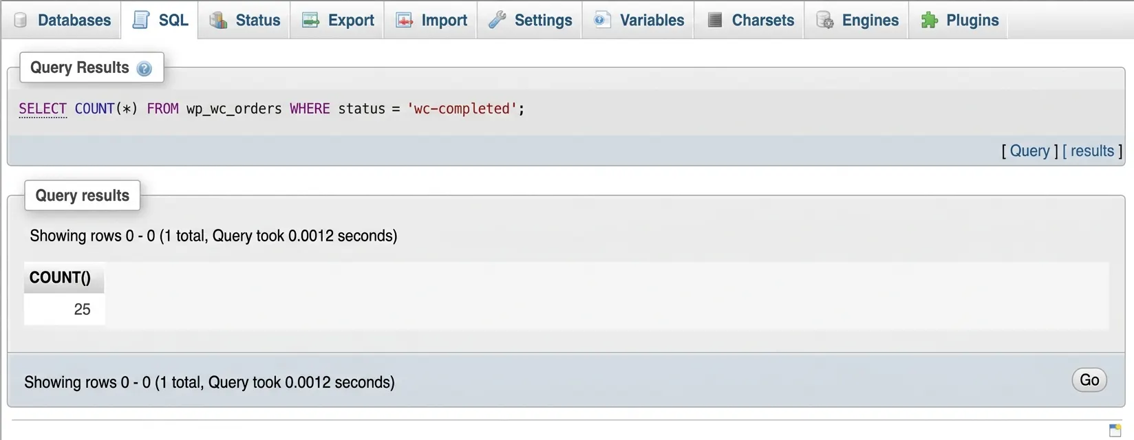Run the same SELECT with 'wc-completed' After that, you can confirm the count moved.