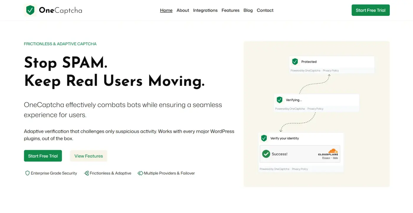 OneCaptcha home page with a headline about stopping spam and keeping real users moving