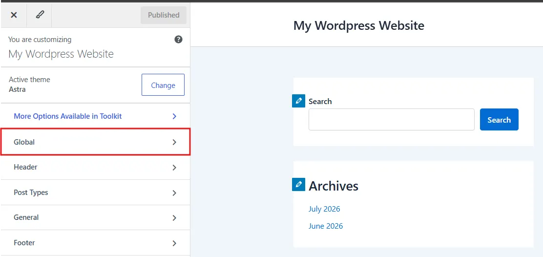Go to the Global Section inside the Customize tab.