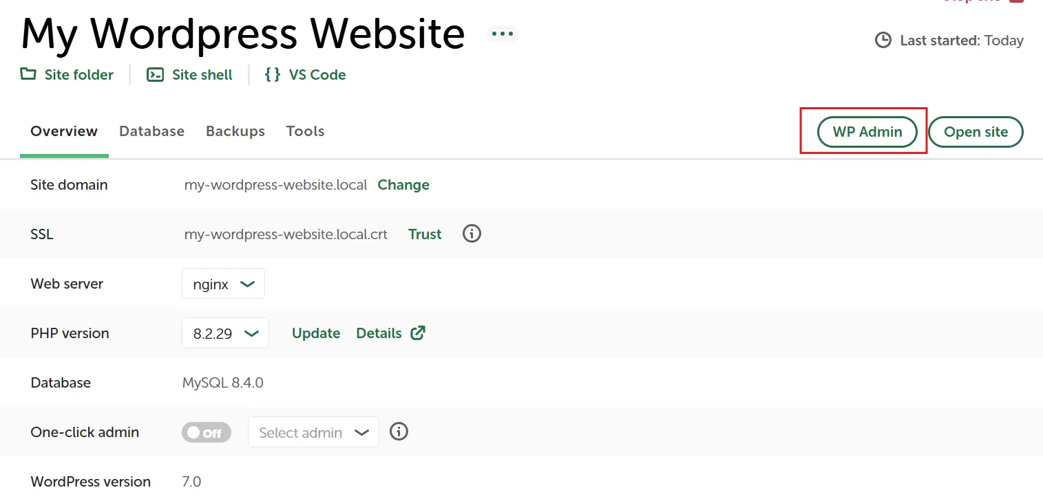 Once the site is running, log in to wp-admin.