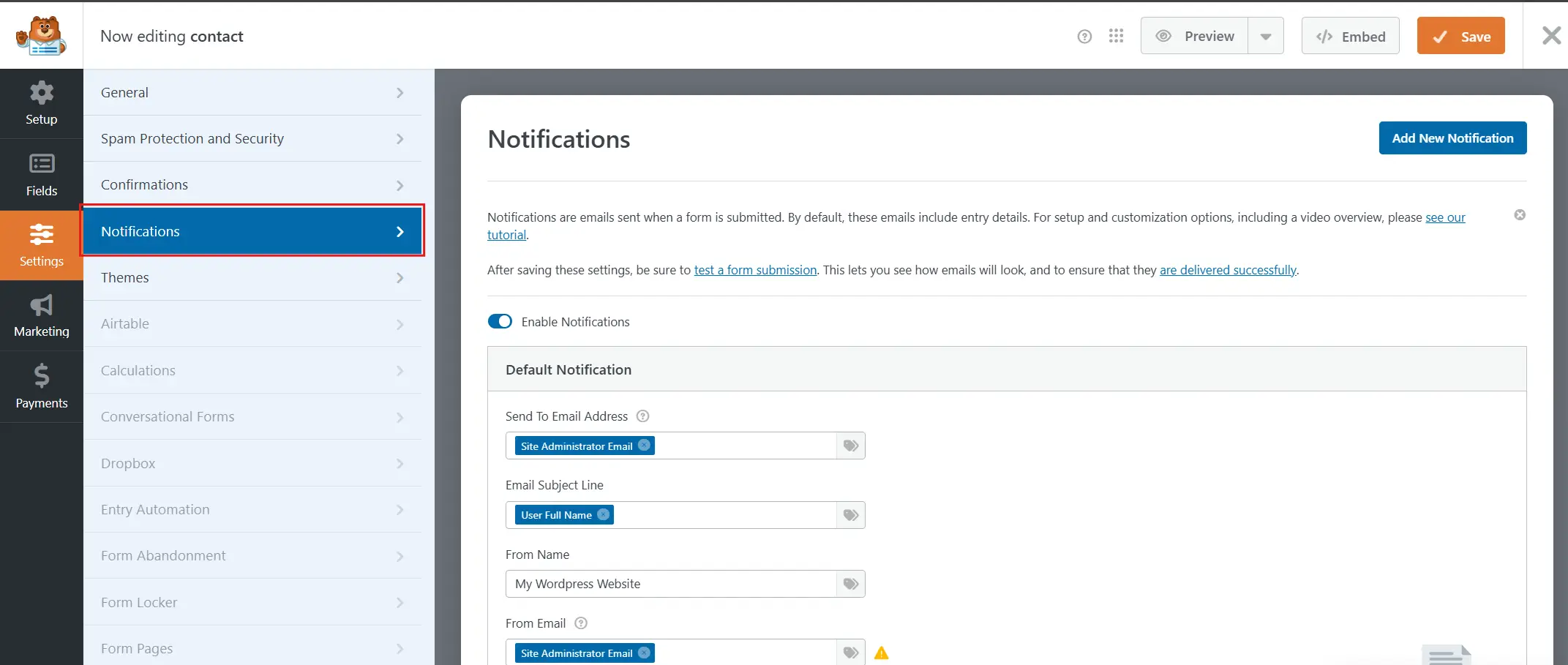 In the form editor, go to Settings > Notifications.