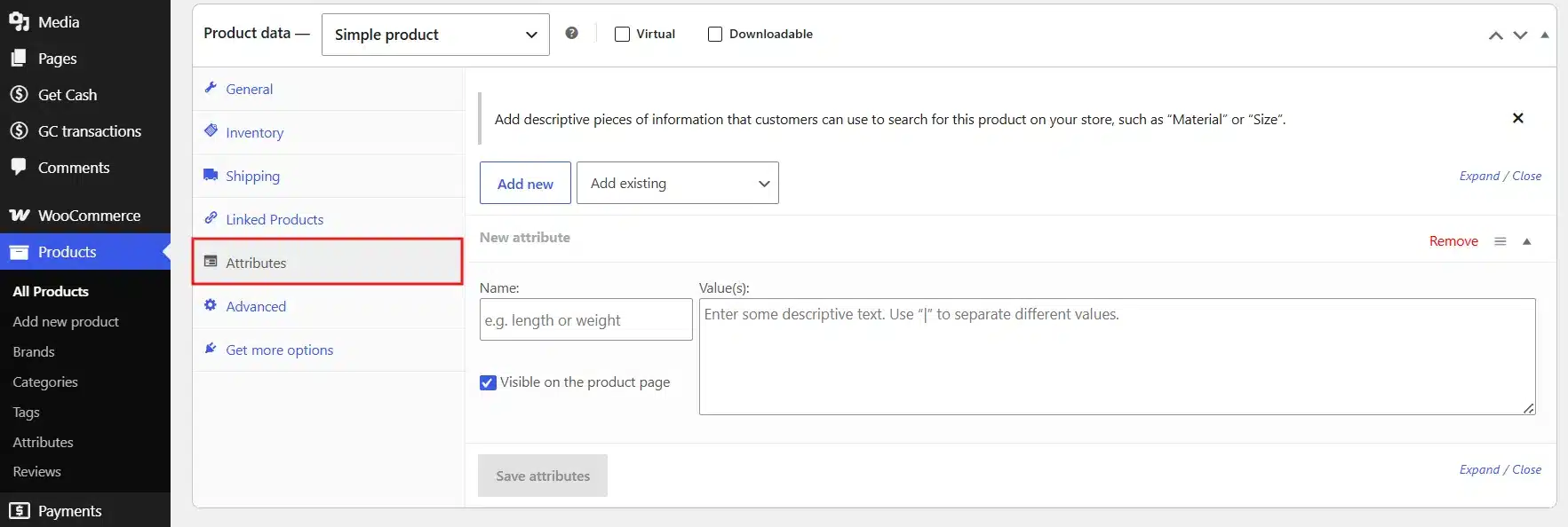 In the Product Data box, click the Attributes tab.