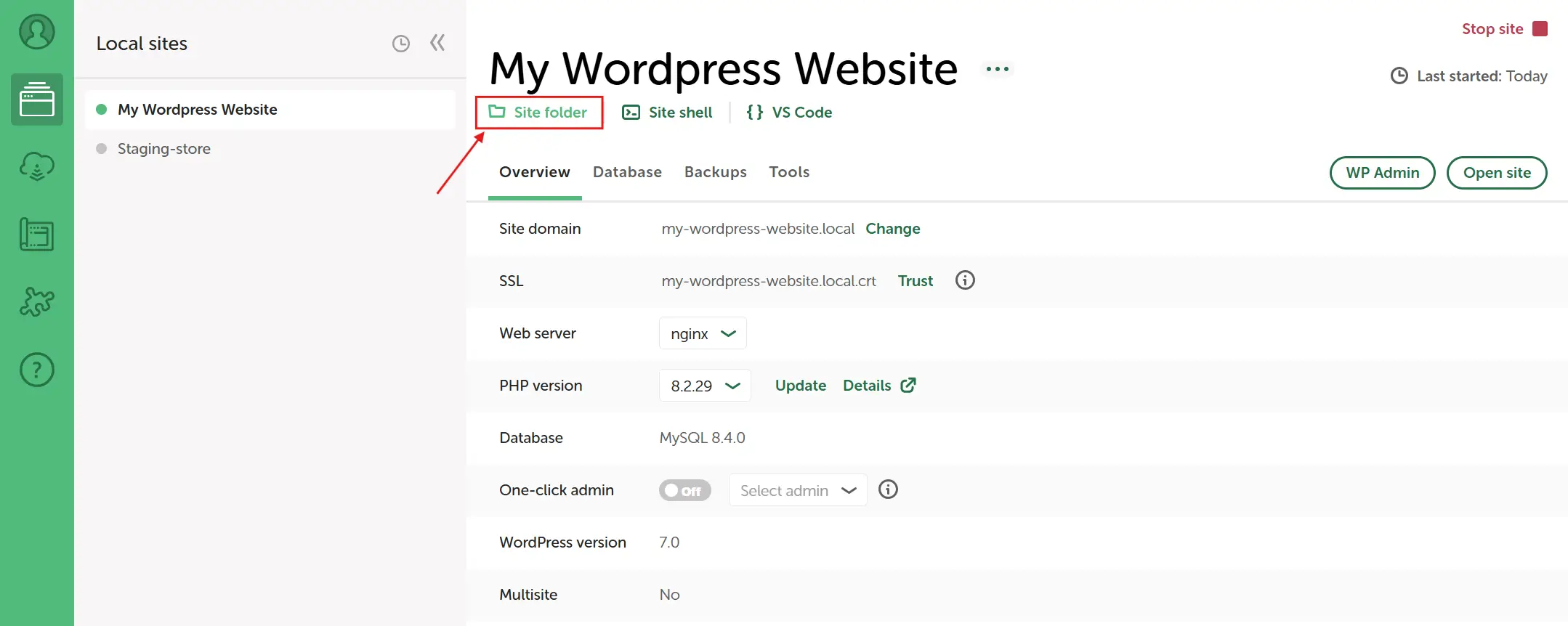 Go to WpLocal and tap the site folder. It will redirect you to your site directory.