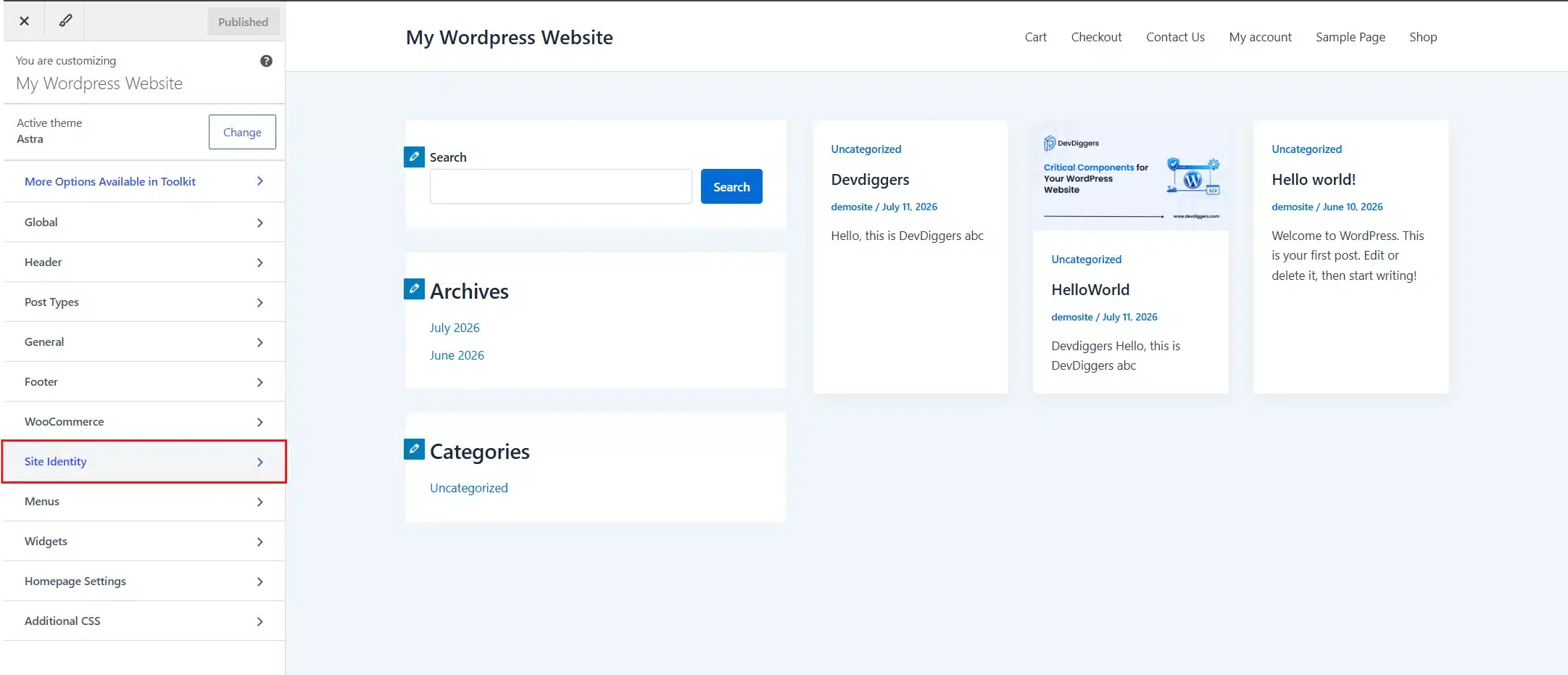 Inside Site Identity, scroll down past Site Title and Tagline until you reach Site Icon.