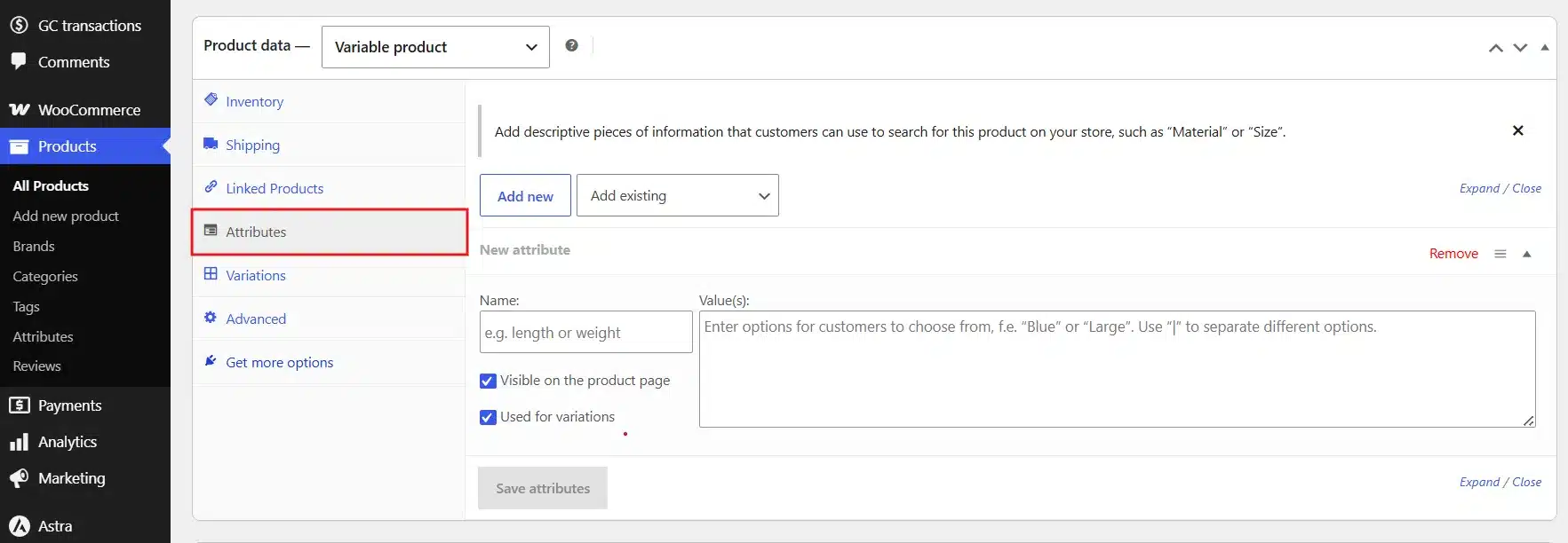 Click on the Attributes tab, same as before.