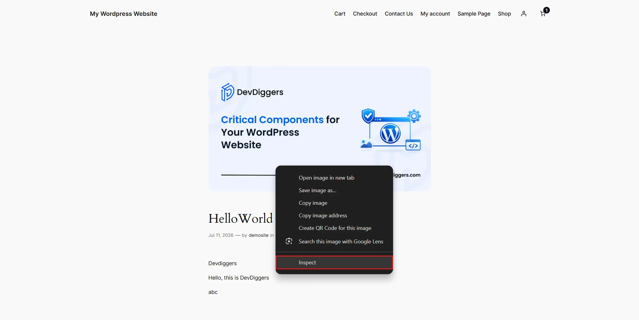 Visit the live post in your browser. Right-click directly on the featured image and choose Inspect.
