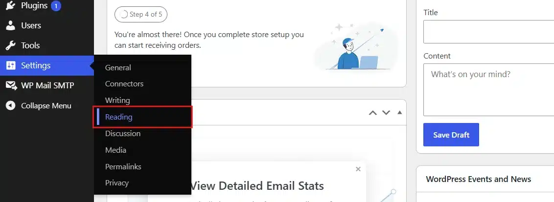 In the left sidebar, hover over Settings, then click Reading.