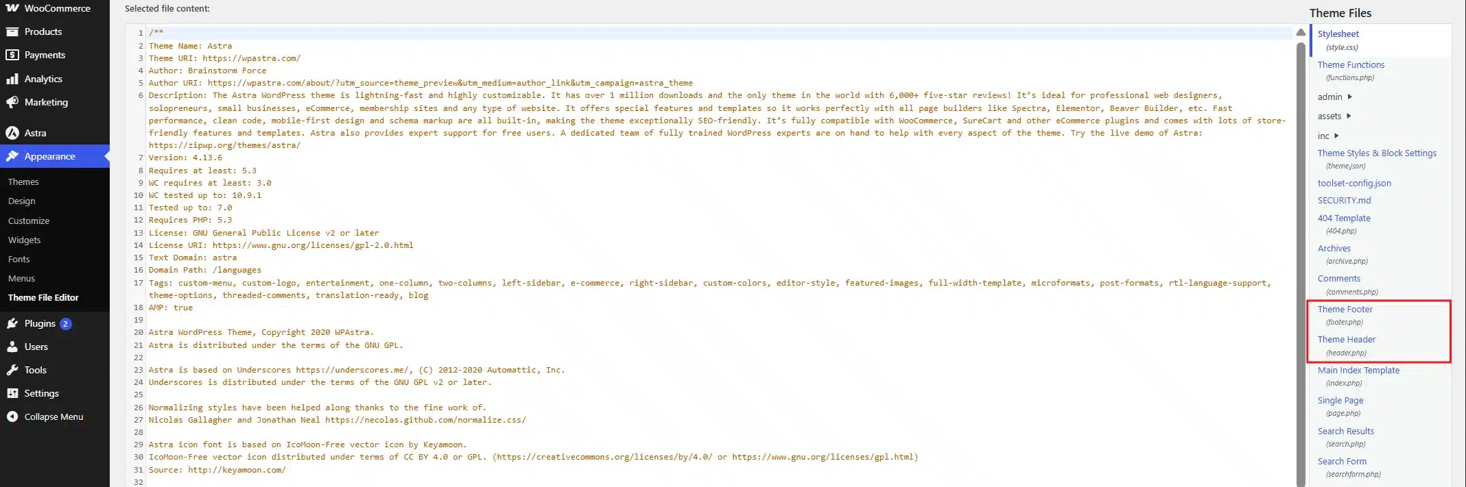 Open your theme's header.php and footer.php files through Appearance > Theme File Editor.