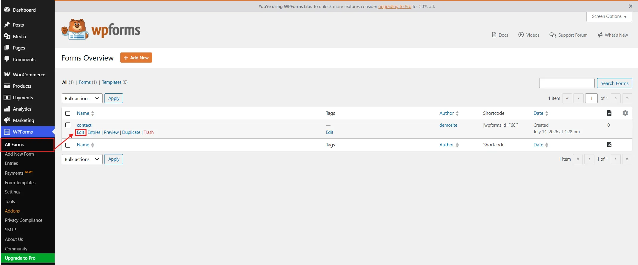 Go to WPForms > All Forms, find your contact form, and click Edit.