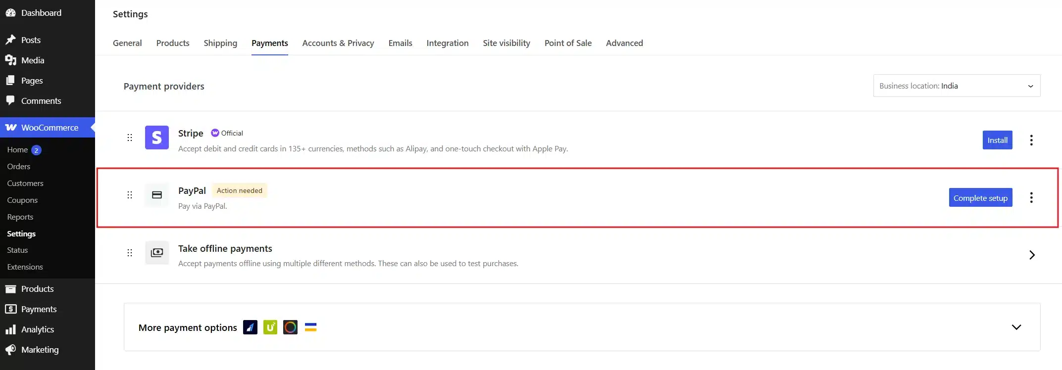 Go to WooCommerce > Settings > Payments and find PayPal Payments in the list. Click Complete Setup