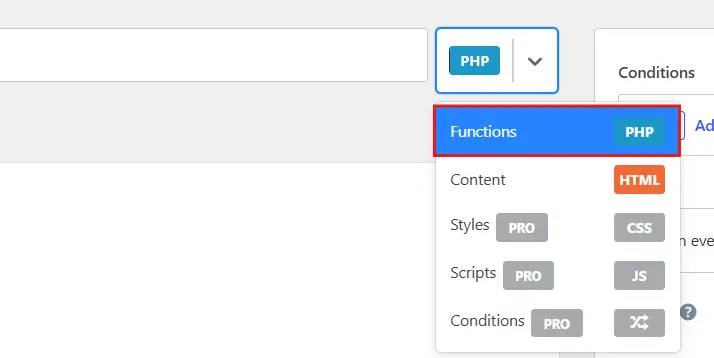 Above the code box, Snippet type → PHP.