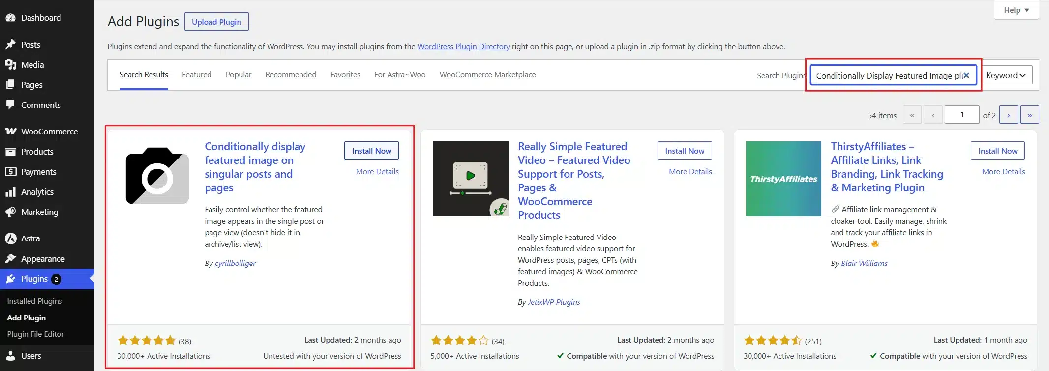 In the search bar, type Conditionally Display Featured Image plugin. Then Click Install and Activate.