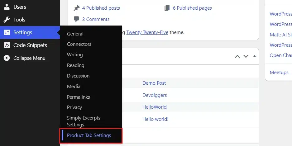 Click Settings in your sidebar, then click Product Tab Settings.