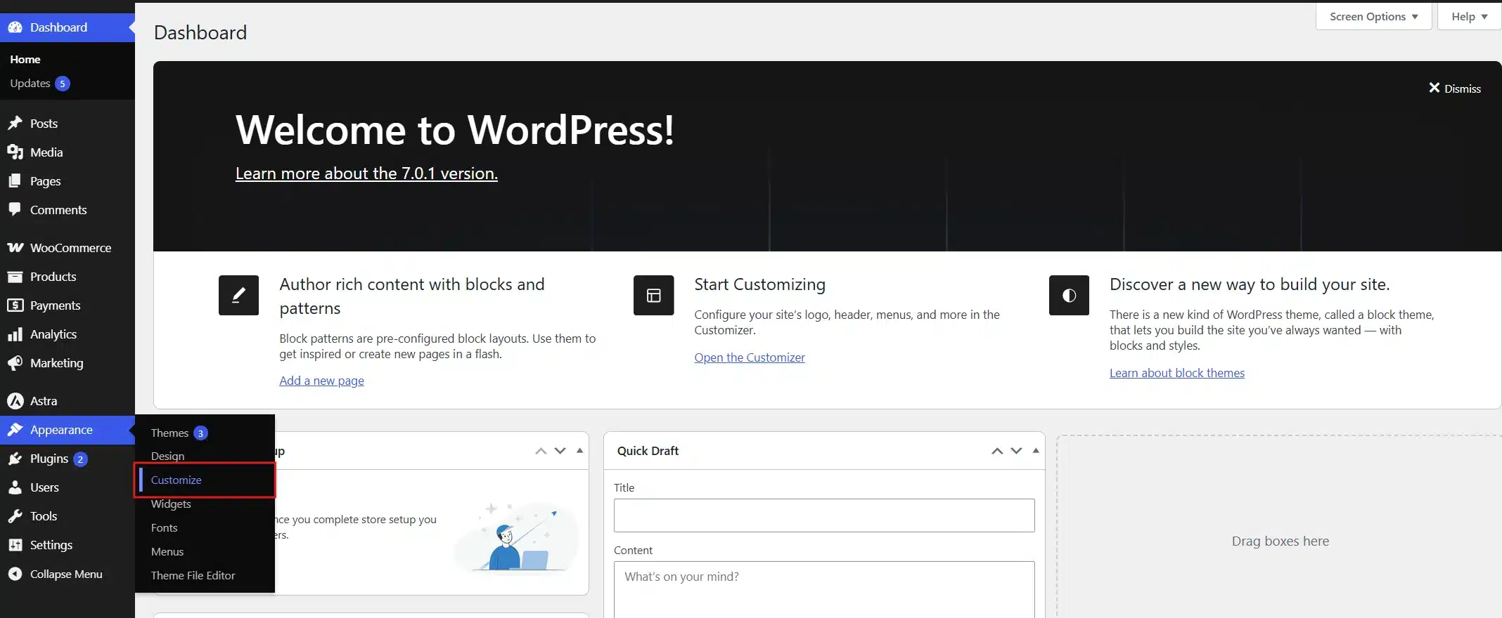 From your dashboard, go to Appearance > Customise, then click Additional CSS. This is the same Additional CSS feature documented by WordPress.org, built into every theme since WordPress 4.7.
