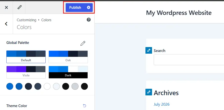 Click Publish in the top bar. Your new link colour goes live across the site immediately.