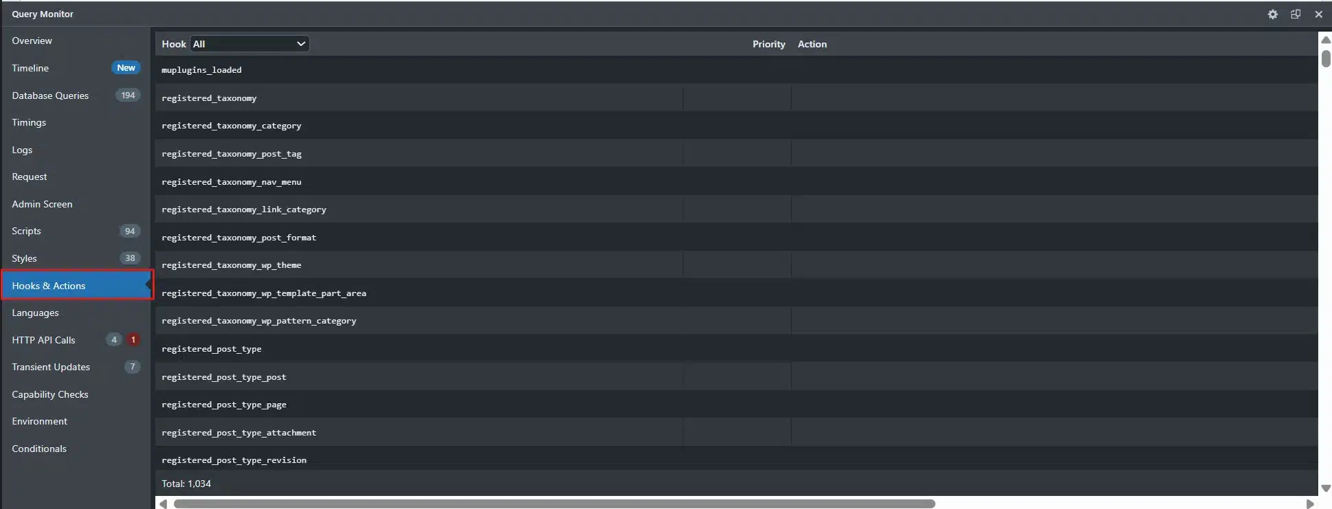 Go to the Hooks & Actions tab to see every hook firing on that page, along with each callback function and its priority.