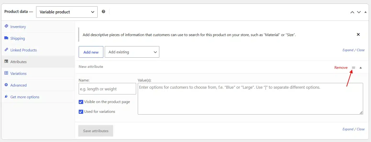 Use the same drag handles to reorder the attributes. Whichever one sits on top appears as the first dropdown on the front end.