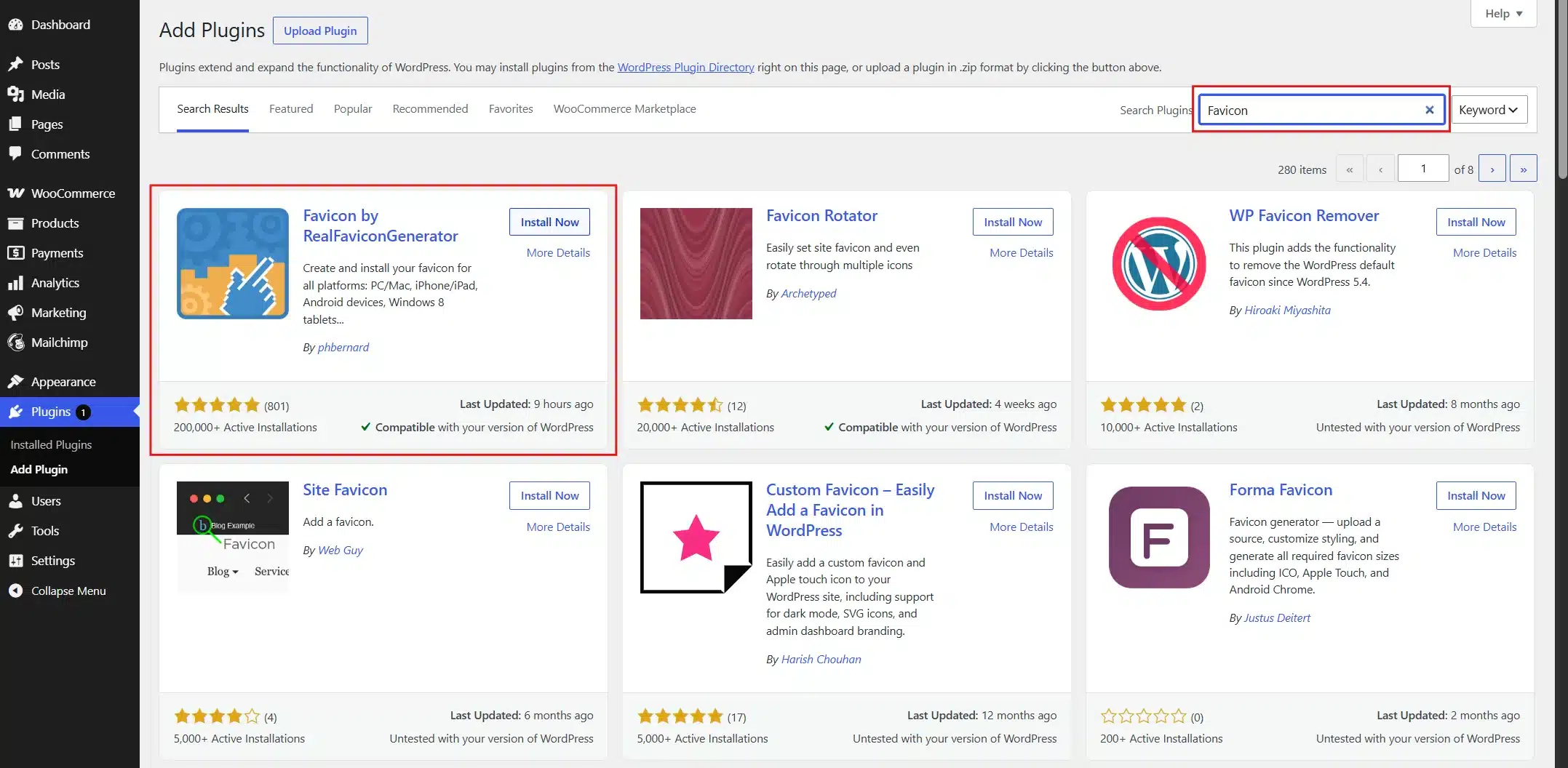 Search for Favicon by RealFaviconGenerator, then click Install Now, then click Activate.