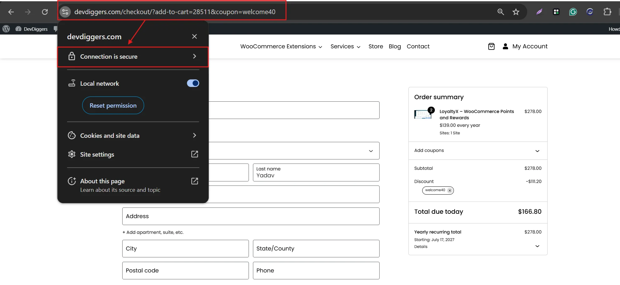 Open your checkout page directly and click the padlock icon in the address bar to compare the domain listed on the certificate against the actual URL you see. A certificate covering only example.com will still fail on www.example.com, even though a valid certificate technically exists.
