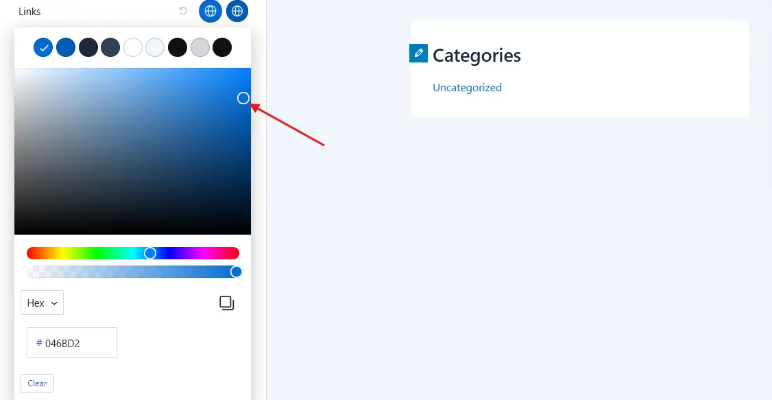 Pick your new colour. Click the colour swatch. A picker opens where you can drag to a shade or type a specific hex code, like #1e73be.