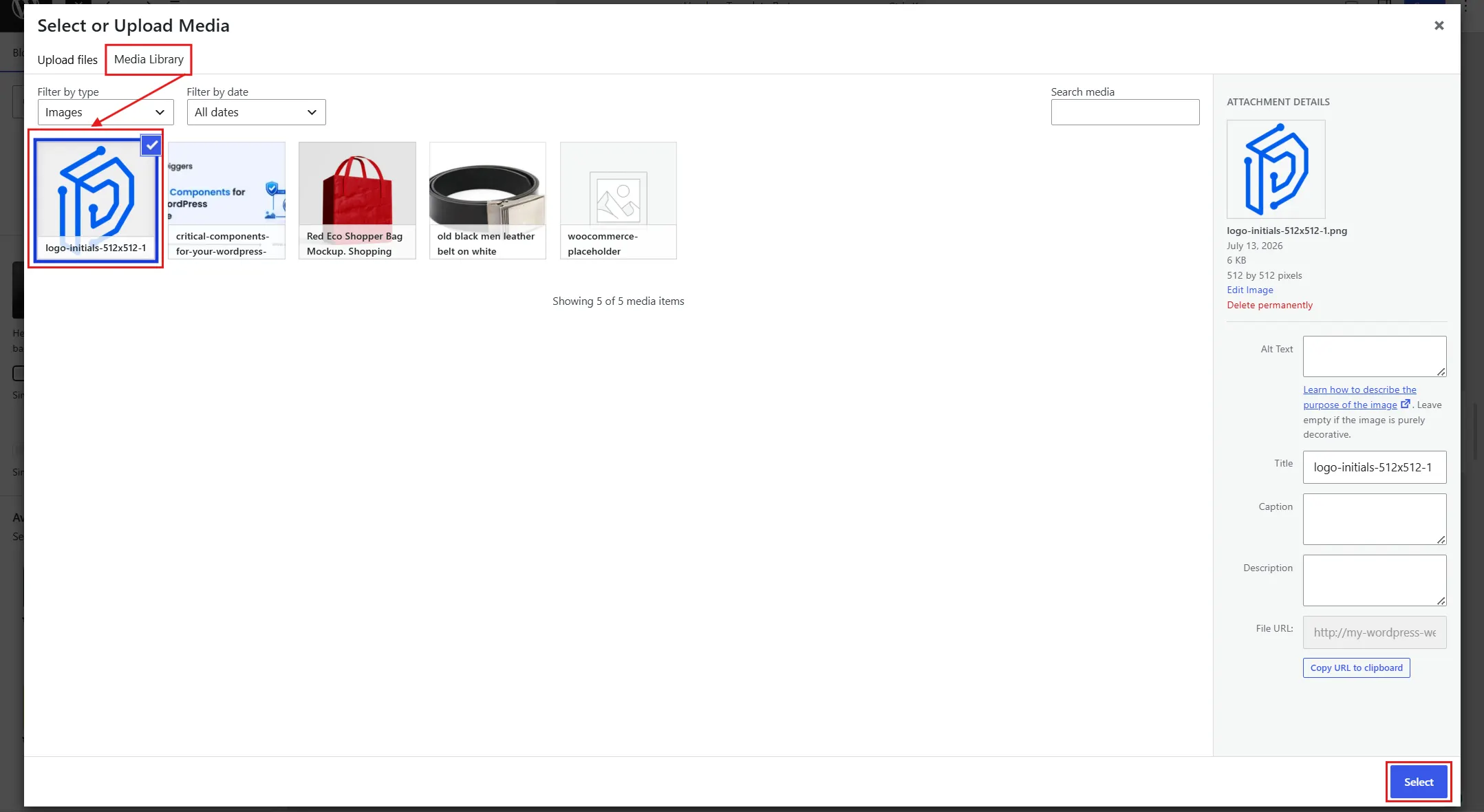 Then choose or upload your square image from the Media Library.