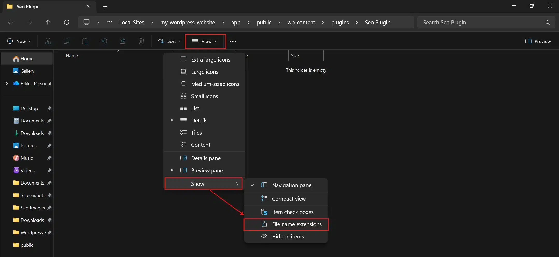 Enable, View>Show>File Name Extensions inside the folder.