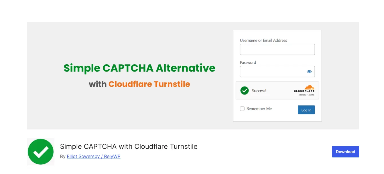 Simple CAPTCHA with Cloudflare Turnstile plugin listing on WordPress.org with a login form preview