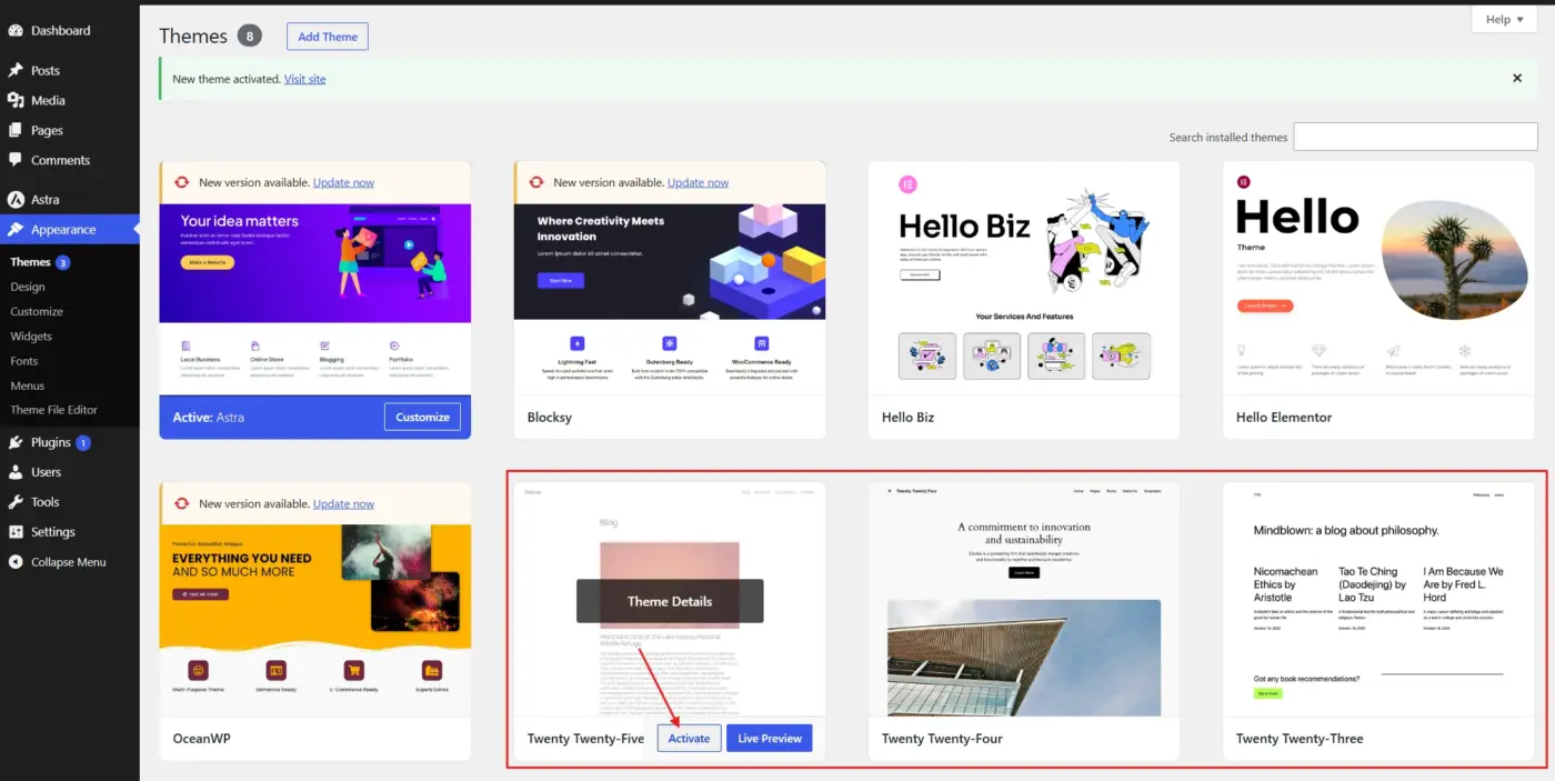Switch to a Default Theme