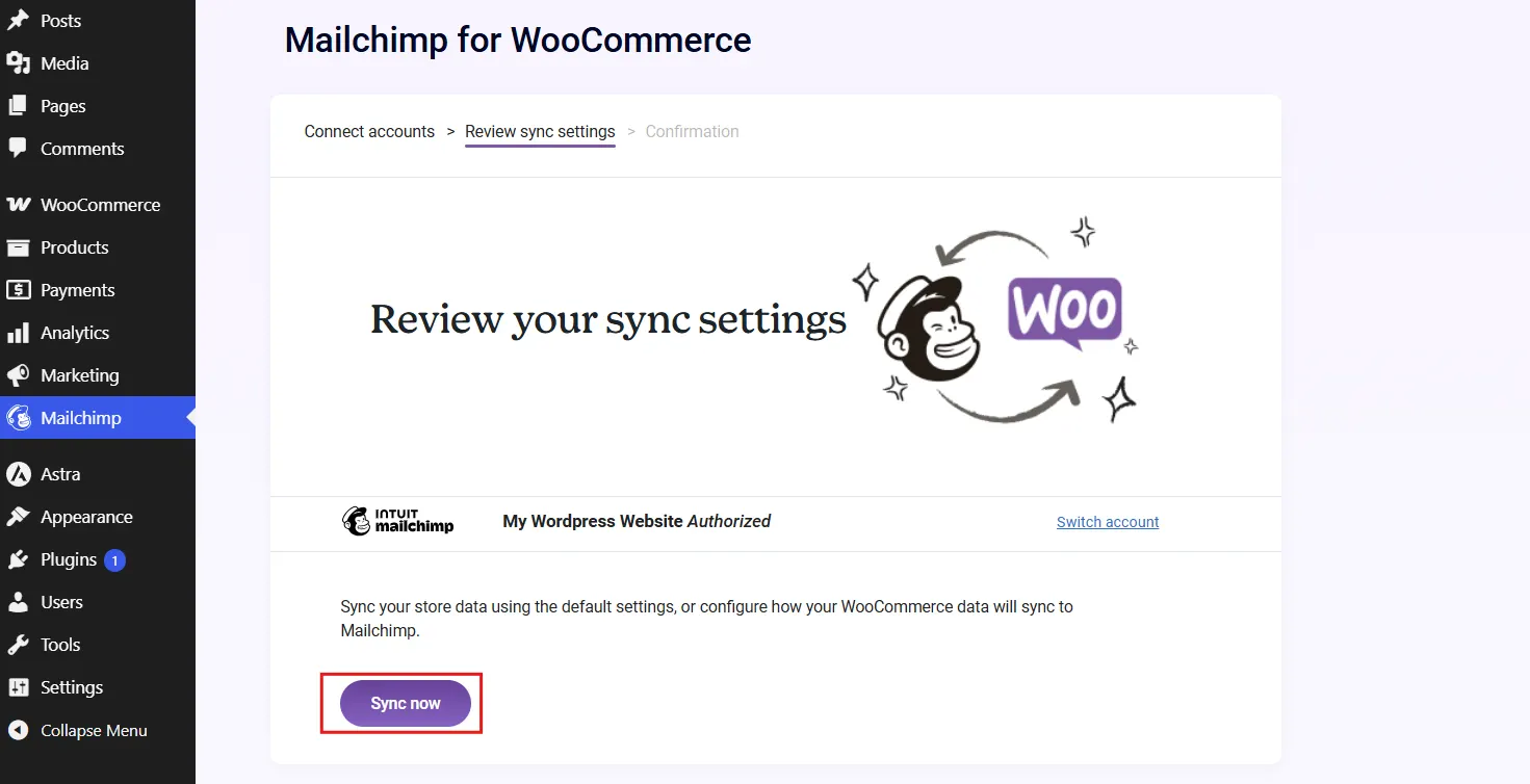 Log into your Mailchimp account, or create one, then click Sync Now to link your WooCommerce customer data.