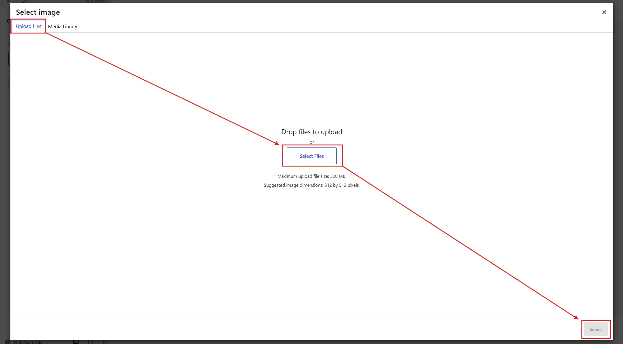 Upload a new file from your computer, or pick one already sitting in your Media Library. Click your image, then click Select in the bottom right corner.