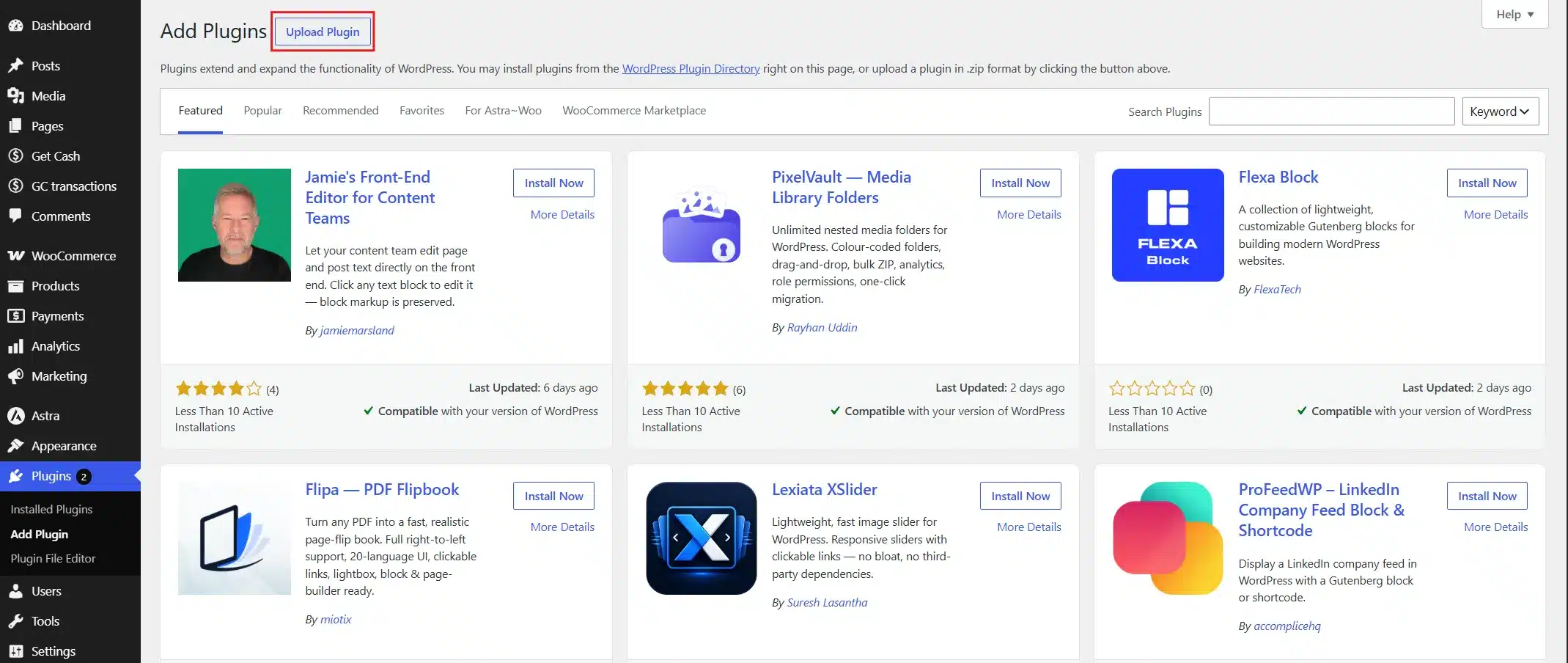 Click the Upload Plugin button near the top of the page.