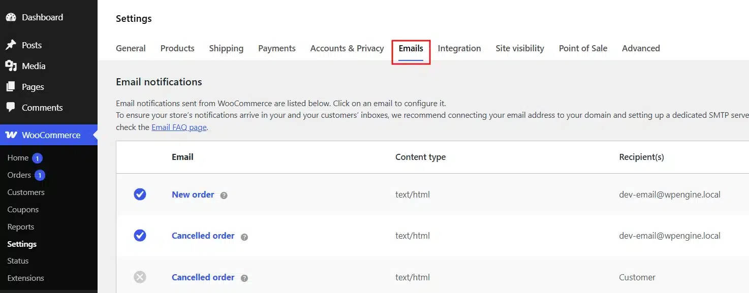 Click the Emails tab at the top of the screen.