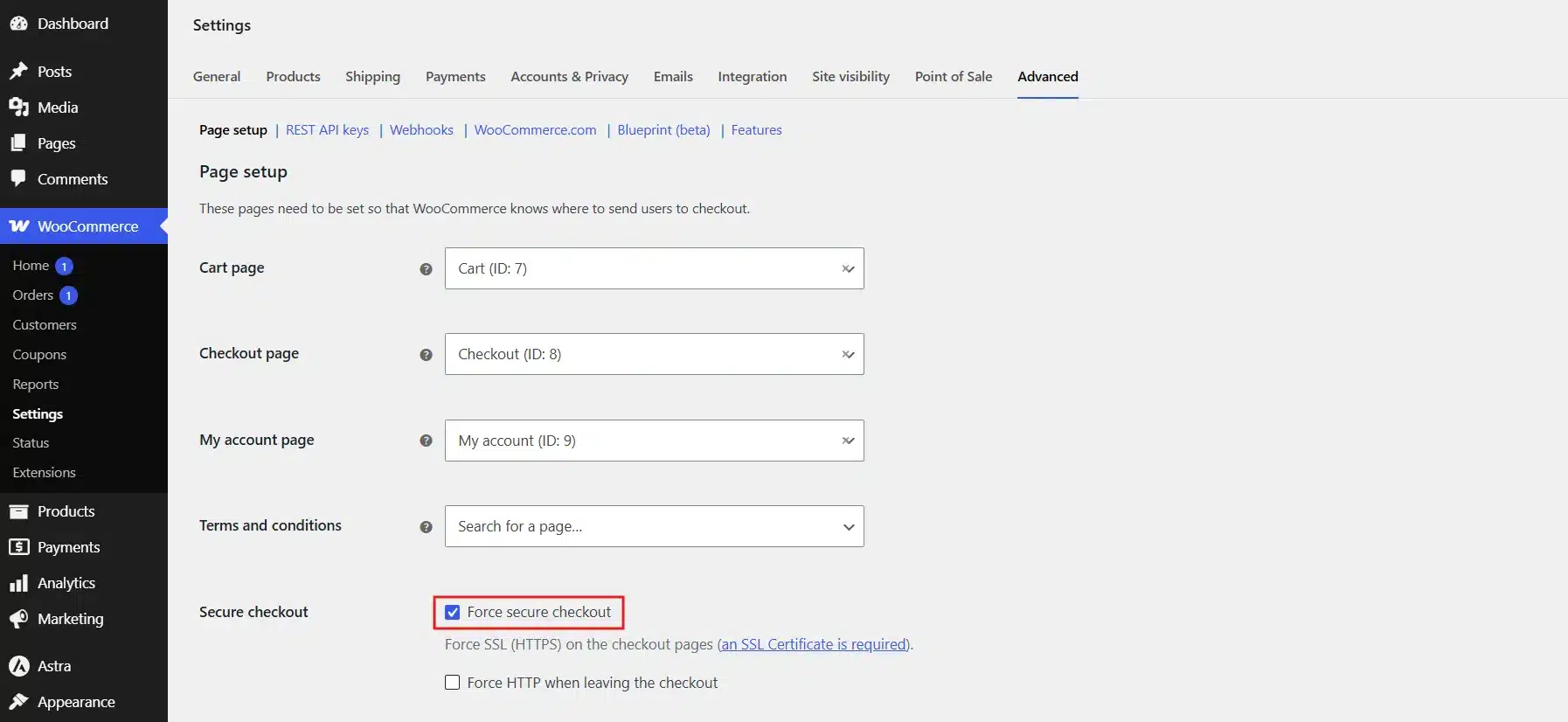 Click the Advanced tab and confirm Force secure checkout is enabled, since this forces SSL specifically on the checkout page even if the rest of your site is configured correctly.