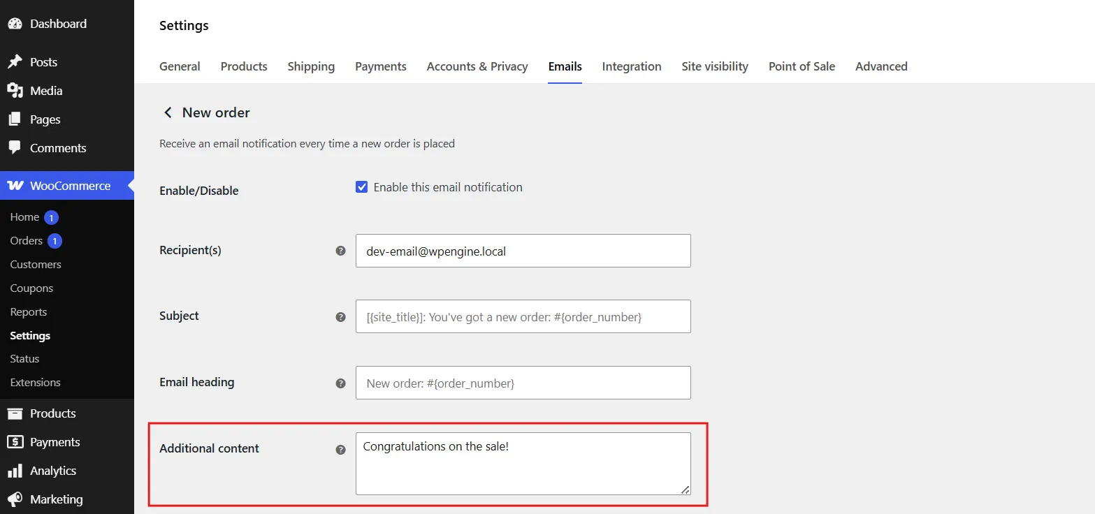 Scroll to the Additional Content field.