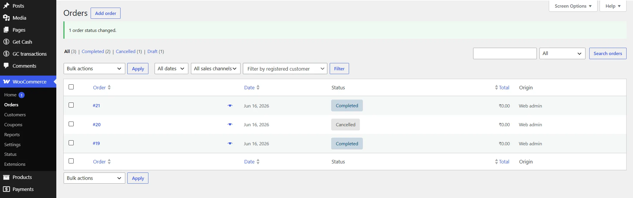 Spot-check two or three individual orders in WooCommerce > Orders to see the new status reflected in the admin screen.