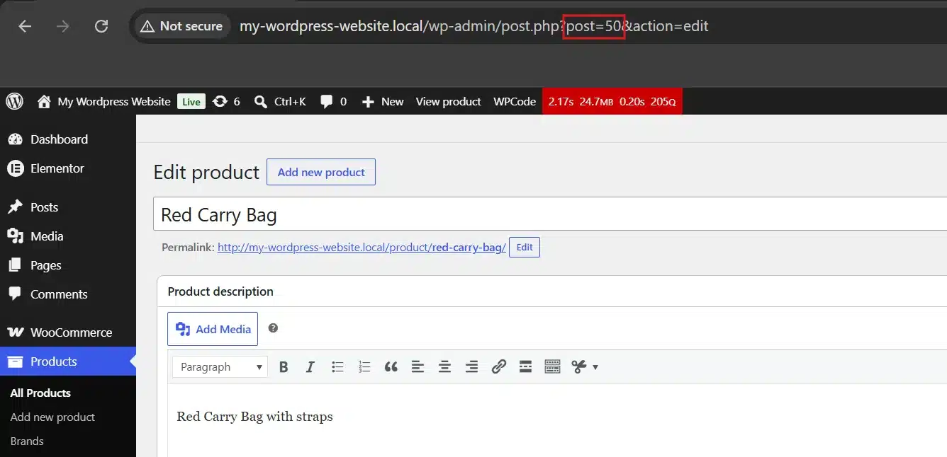 Open the product in Products → All Products, hover over its title, and check the link that appears at the bottom of your browser. The number after post= is the product ID.
