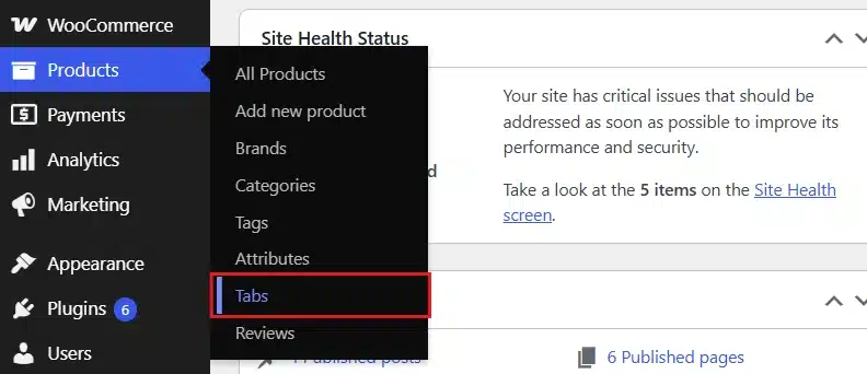 Click Products in your sidebar, then click Tabs.
