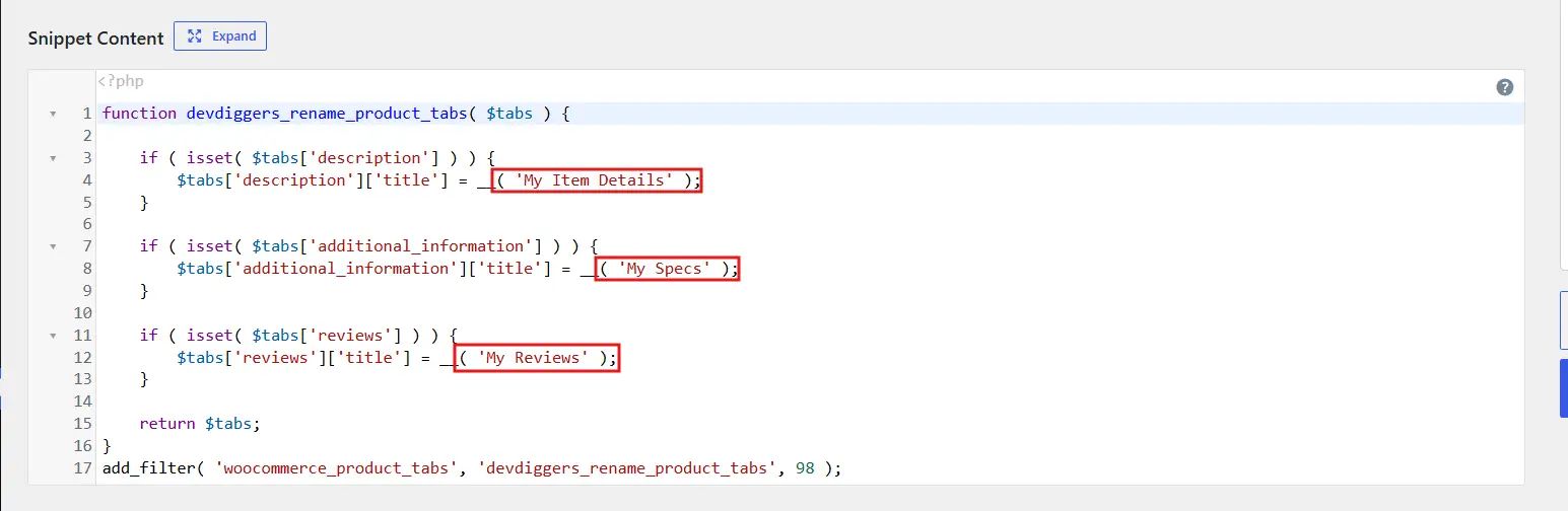 Replace "Product Details," "Specifications," and "Customer Reviews" with whatever labels you actually want. Leave everything else in the code untouched.