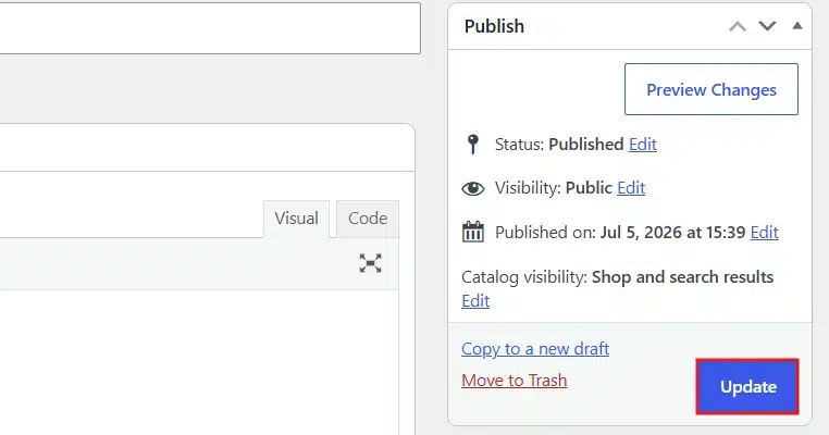 Click Update in the top right to save the product.