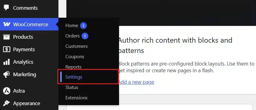 Go to WooCommerce > Settings inside your WordPress dashboard.