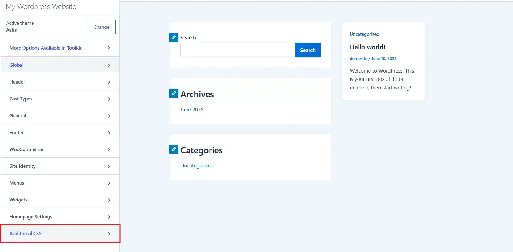 Click Additional CSS in the left panel.