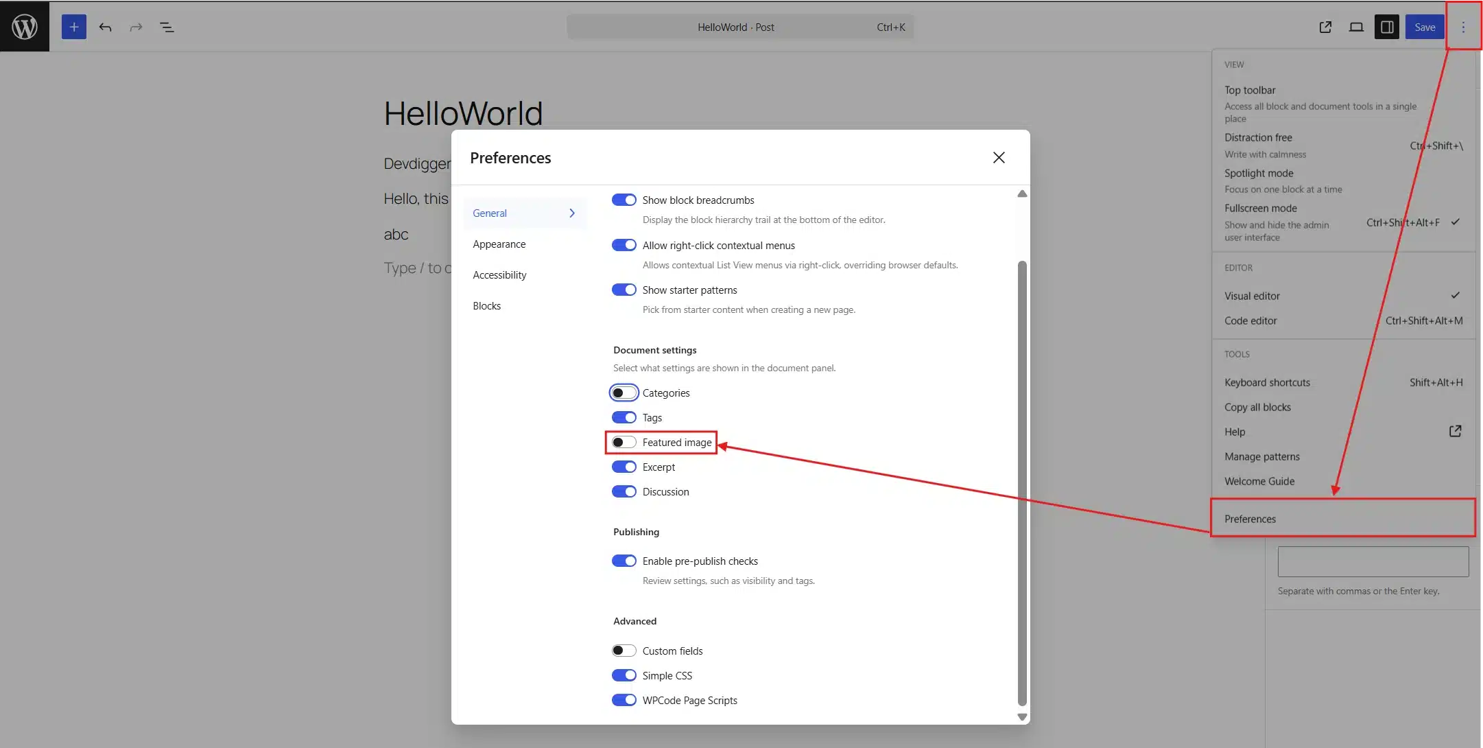Check Screen Options if the panel is missing. Click the three-dot menu in the top right of the editor → Preferences → confirm Featured Image is toggled on under Panels.